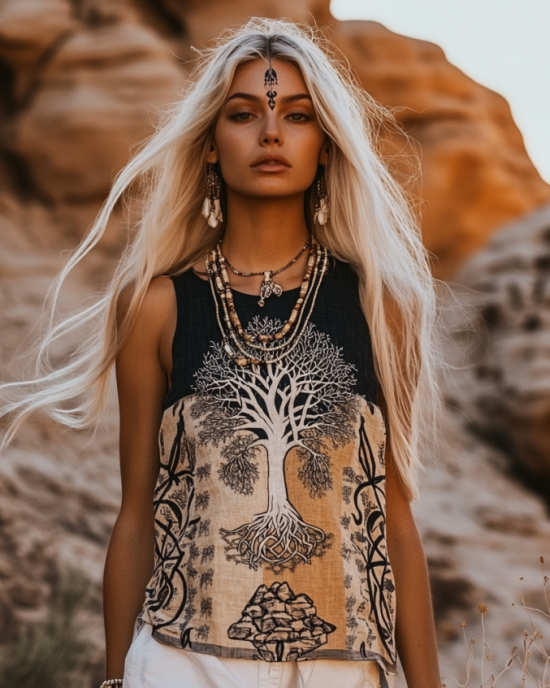 Women's Viking Tree Of Life Tribal With Celtic Knot Pattern Art Linen Sleeveless Top Women's Viking Tree Of Life Tribal With Celtic Knot Pattern Art Linen Sleeveless Top