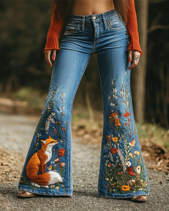 Forest Fox Floral Embroidered Washed Flare Jeans Forest Fox Floral Embroidered Washed Flare Jeans