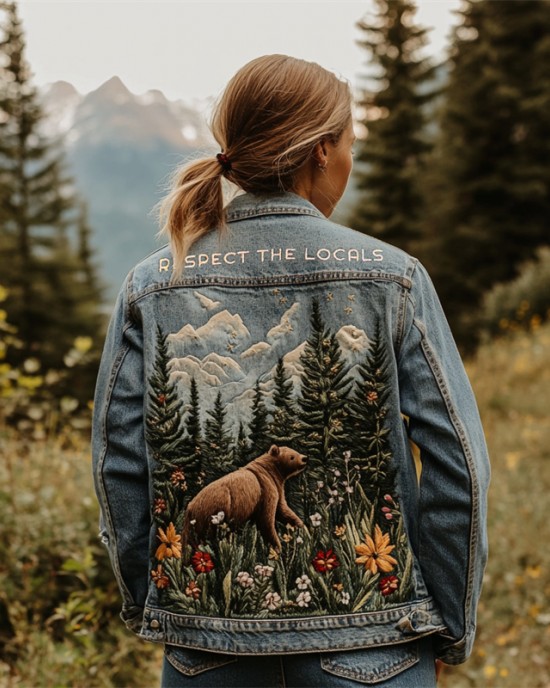 Respect The Locals Bear Landscape Embroidered Denim Jacket Respect The Locals Bear Landscape Embroidered Denim Jacket