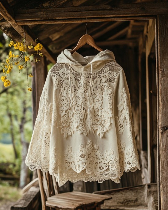 Women's Retro Floral Lace Embroidery Patchwork Art Hoodie