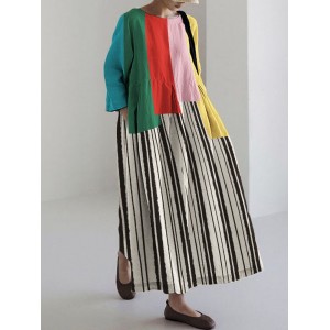 Colorblock Geometric Art Striped Linen Blend Maxi Dress