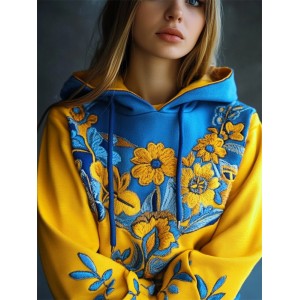 Ukraine Ethnic Floral Embroidered Contrast Color Hoodie