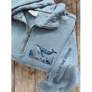 Save The Ocean Whale Embroidered Zip Up Sweatshirt