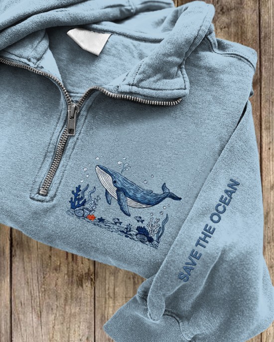 Save The Ocean Whale Embroidered Zip Up Sweatshirt Save The Ocean Whale Embroidered Zip Up Sweatshirt