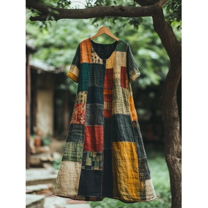 Vintage Color Block V Neck Linen Blend Midi Dress