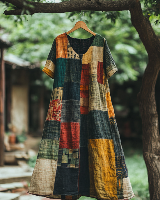 Vintage Color Block V Neck Linen Blend Midi Dress Vintage Color Block V Neck Linen Blend Midi Dress