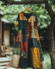 Vintage Color Block V Neck Linen Blend Midi Dress Vintage Color Block V Neck Linen Blend Midi Dress