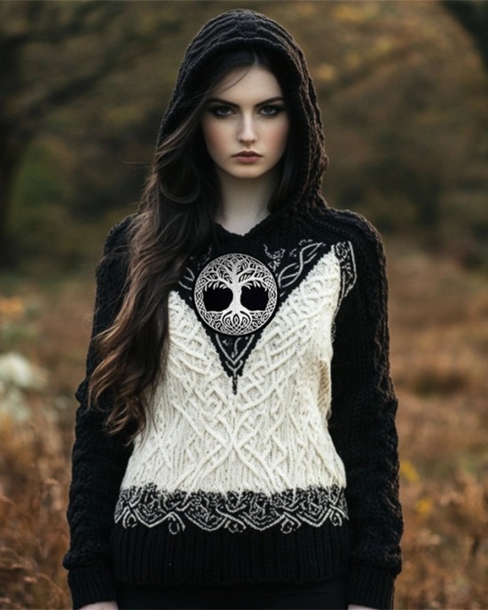 Viking Tree Of Life Contrast Color Cozy Hooded Sweater Viking Tree Of Life Contrast Color Cozy Hooded Sweater