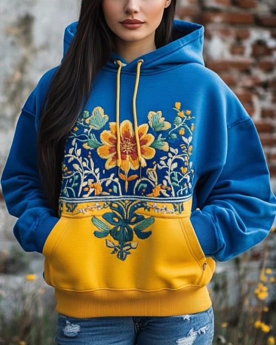 Ukrainian Folk Floral Embroidered Contrast Color Comfy Hoodie Ukrainian Folk Floral Embroidered Contrast Color Comfy Hoodie