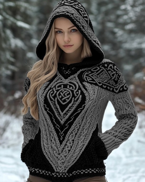 Women's Viking Wolf Style Celtic Thick Hooded Sweater