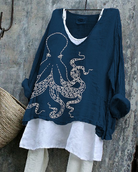 Japanese Octopus Embroidered Sashiko Linen Blend Tunic
