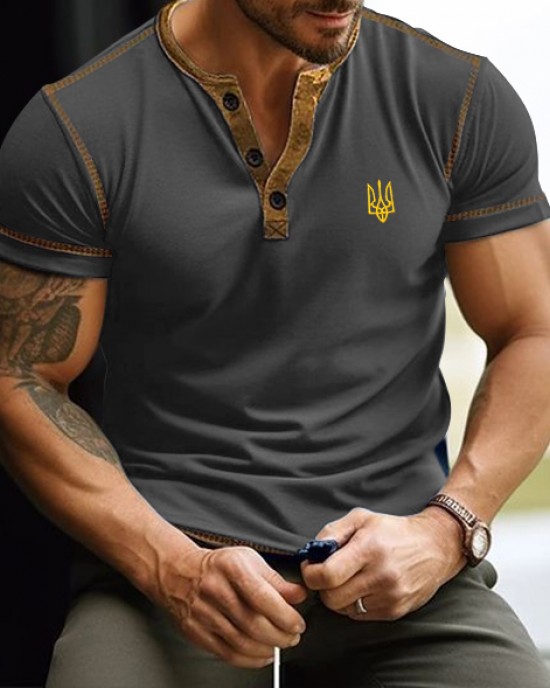 Men's Ukraine Trident Embroidered Casual Henley T-shirt Men's Ukraine Trident Embroidered Casual Henley T-shirt