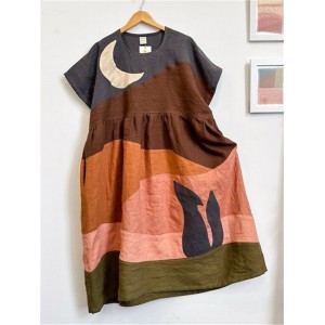 Night Forest Landscape Colorblock Patchwork Linen Dress