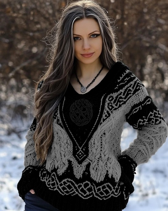 Women's Viking Rune Knit Jacquard V-neck Sweater