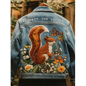 Respect The Locals Forest Squirrel Embroidered Denim Jacket