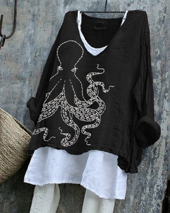 Japanese Octopus Embroidered Sashiko Linen Blend Tunic