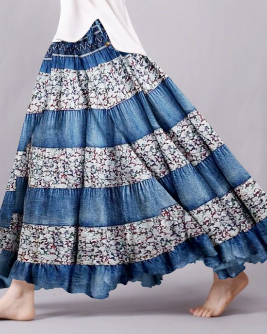 Vintage Bohemian Floral Patchwork Linen Skirt