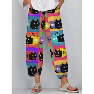 Women's Black Cat Multicolor Pop Art Linen Blend Pants