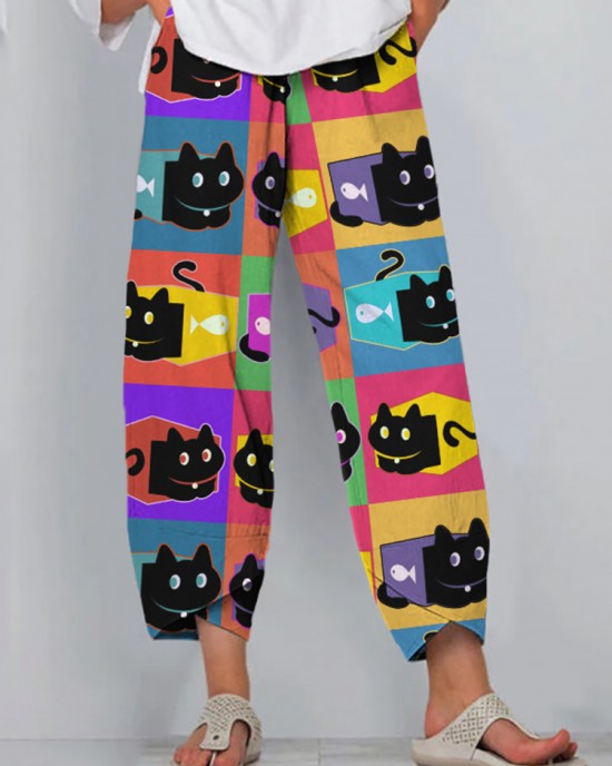 Women's Black Cat Multicolor Pop Art Linen Blend Pants Women's Black Cat Multicolor Pop Art Linen Blend Pants