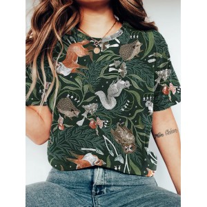 Vintage Forest Animals Printed Comfy T Shirt