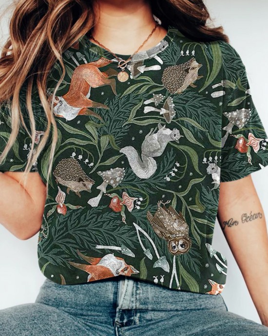 Vintage Forest Animals Printed Comfy T Shirt