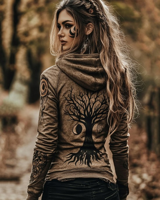 Women's Tribal Life Of Tree And Moon Totem Hoodie Women's Tribal Life Of Tree And Moon Totem Hoodie