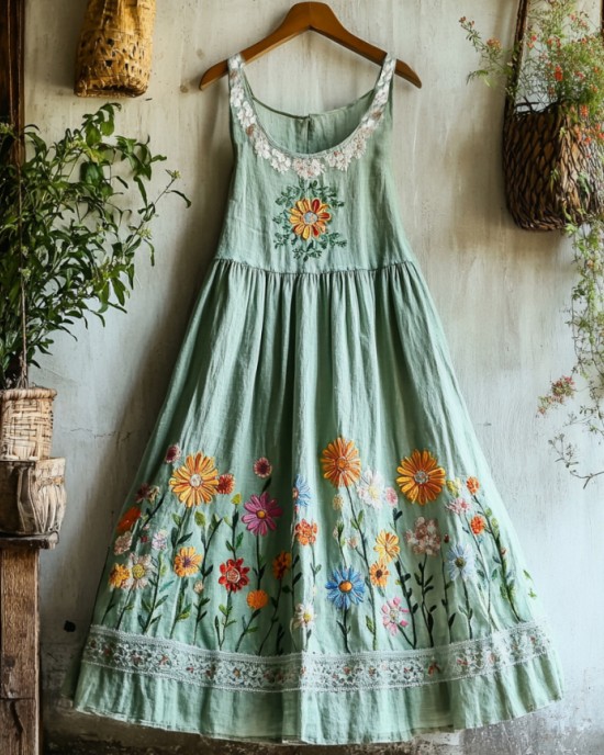 Vintage Boho Colorful Floral Lace Embroidered Art Linen Tank Dress Vintage Boho Colorful Floral Lace Embroidered Art Linen Tank Dress
