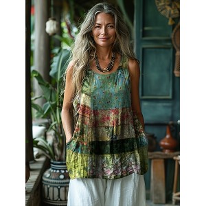 Vintage Geometric Floral Patchwork Art Print Women's Linen Tank Top