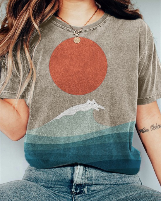 Cat Sea Wave Sunrise Japanese Art Vintage T Shirt Cat Sea Wave Sunrise Japanese Art Vintage T Shirt