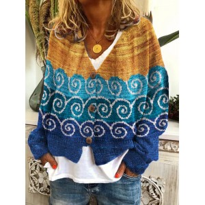 Japanese Sea Waves Colorblock Knit Art Cardigan