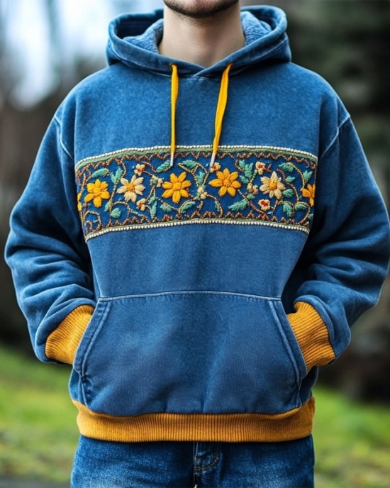 Men's Ukrainian Folk Flower Embroidered Washed Cozy Hoodie Men's Ukrainian Folk Flower Embroidered Washed Cozy Hoodie