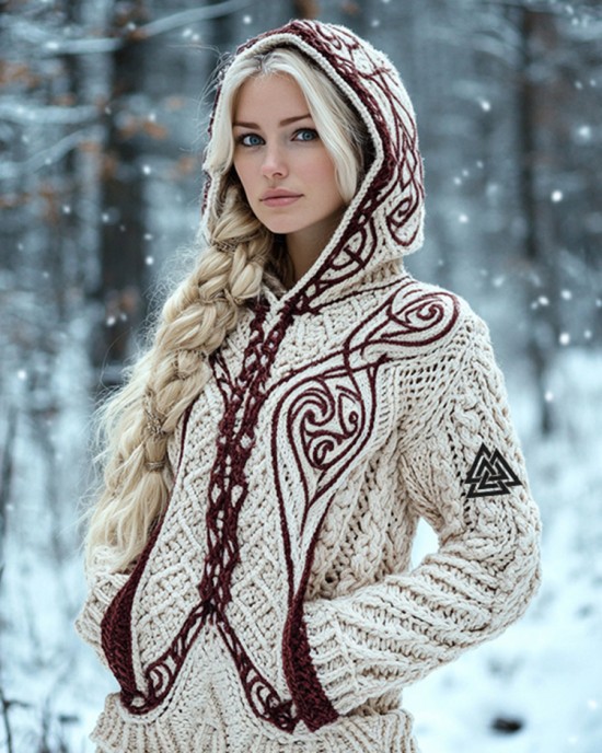 Women's Viking Jacquard Celtic Knitted Hooded Sweater Women's Viking Jacquard Celtic Knitted Hooded Sweater