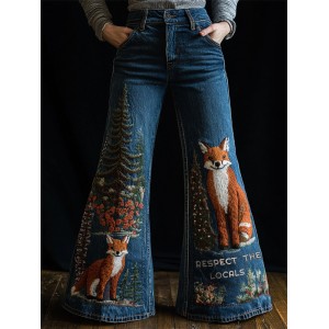 Respect The Locals Forest Foxes Embroidered Flare Jeans