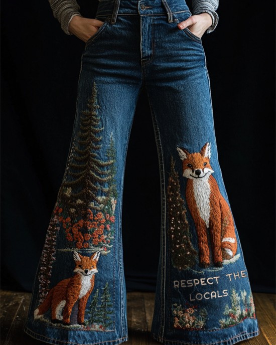 Respect The Locals Forest Foxes Embroidered Flare Jeans Respect The Locals Forest Foxes Embroidered Flare Jeans