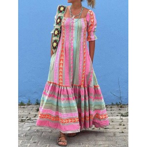 Vintage Geometric Color Block Bohemian Leisure Holiday Pleated Patchwork Half Sleeve Square Neck Colorful Midi Dress