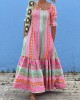Vintage Geometric Color Block Bohemian Leisure Holiday Pleated Patchwork Half Sleeve Square Neck Colorful Midi Dress