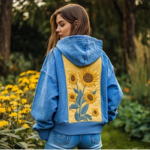 Women's Ukrainian Sunflower Embroidered Print Washde Hooded Sweatshirt