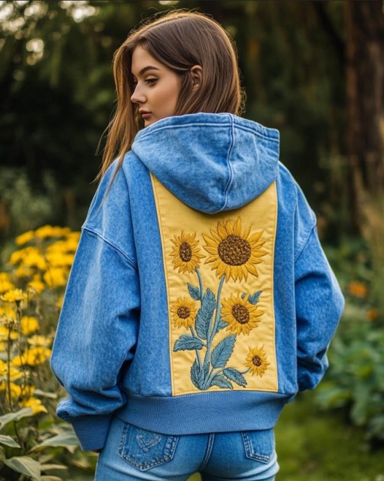 Women's Ukrainian Sunflower Embroidered Print Washde Hooded Sweatshirt Women's Ukrainian Sunflower Embroidered Print Washde Hooded Sweatshirt