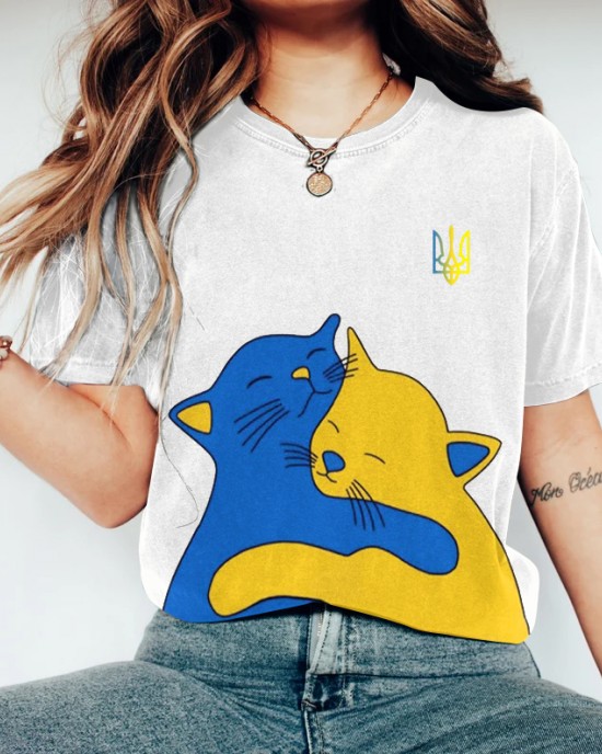 Hug Of Love Abstract Cat Graphics Ukraine Inspired Printed T-shirt Hug Of Love Abstract Cat Graphics Ukraine Inspired Printed T-shirt