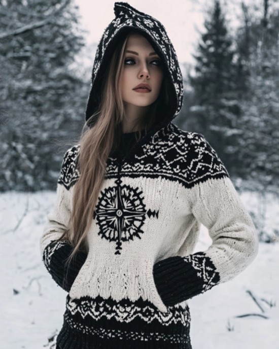Vintage Viking Compass Celtic Cozy Chunky Hooded Cardigan Vintage Viking Compass Celtic Cozy Chunky Hooded Cardigan