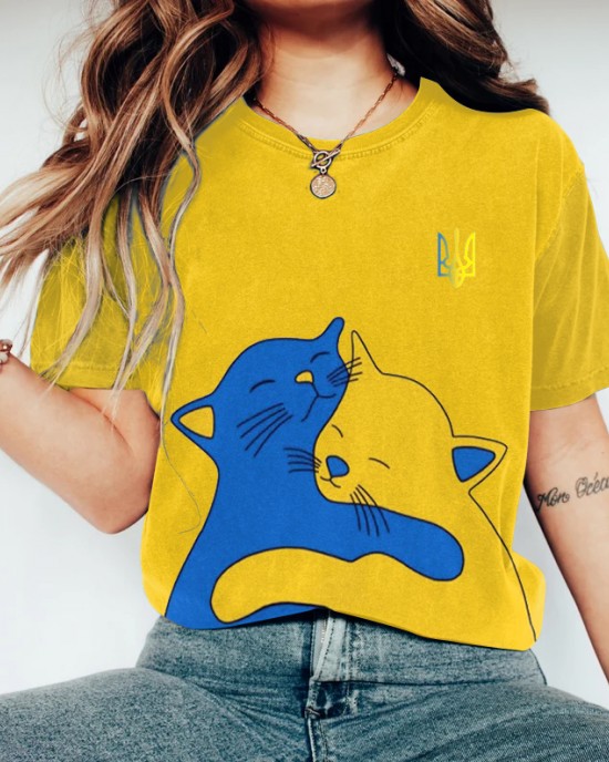 Hug Of Love Abstract Cat Graphics Ukraine Inspired Printed T-shirt Hug Of Love Abstract Cat Graphics Ukraine Inspired Printed T-shirt