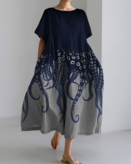 Ocean Octopus Japanese Art Linen Blend Casual Dress Ocean Octopus Japanese Art Linen Blend Casual Dress