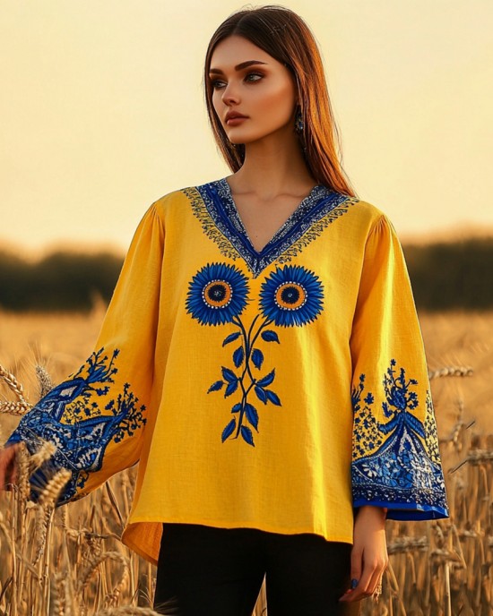 Women's Ukrainian Sunflower Embroidery Art V-neck Linen Blend T-shirt Women's Ukrainian Sunflower Embroidery Art V-neck Linen Blend T-shirt