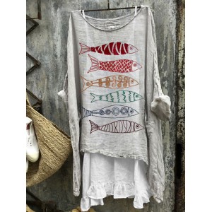 Rainbow Colorful Fish Japanese Embroidery Art Linen Blend Tunic