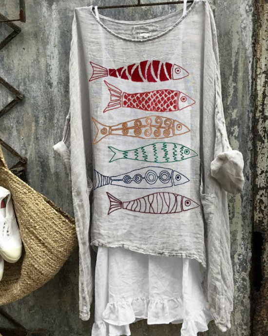 Rainbow Colorful Fish Japanese Embroidery Art Linen Blend Tunic Rainbow Colorful Fish Japanese Embroidery Art Linen Blend Tunic