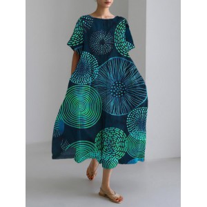 Circle Abstract Art Women's Linen Short Sleeve Maxi Dress