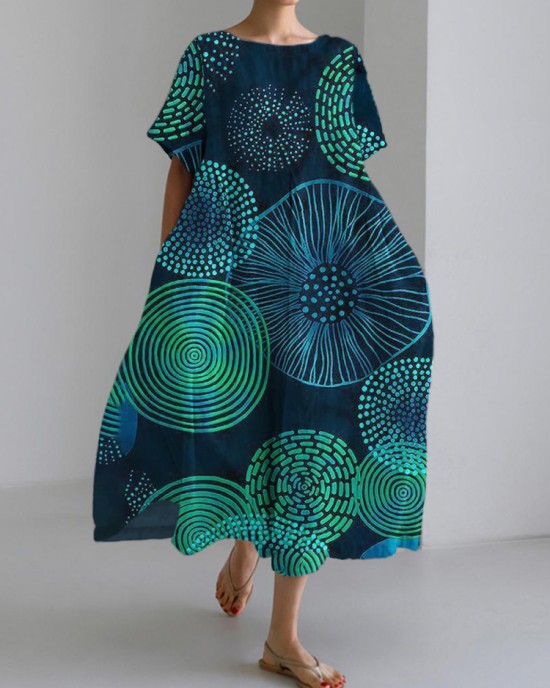 Circle Abstract Art Women's Linen Short Sleeve Maxi Dress Circle Abstract Art Women's Linen Short Sleeve Maxi Dress