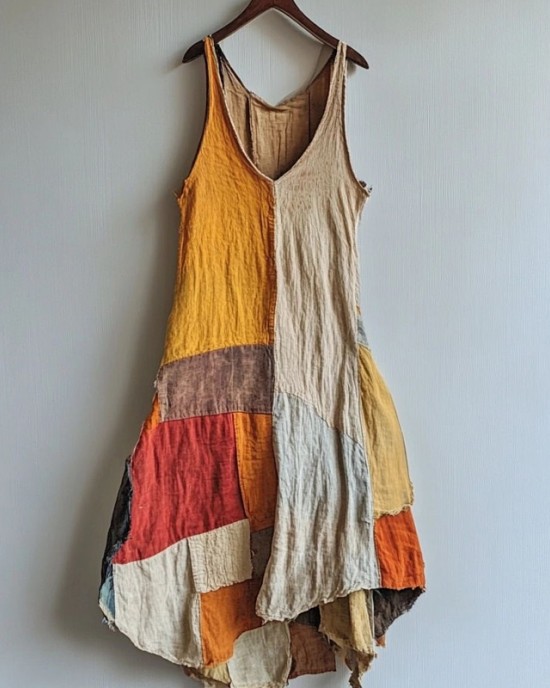 Vintage Patchwork Art Linen Blend Midi Dress Vintage Patchwork Art Linen Blend Midi Dress