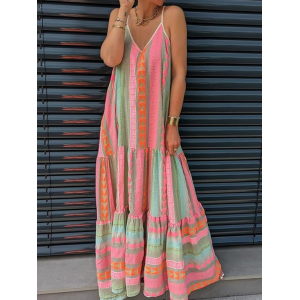 Vintage Geometric Color Block Bohemian Patchwork Sleeveless Colorful Dress