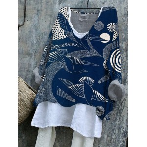 Japanese Crane Geometric Pattern Women's Linen Shirt